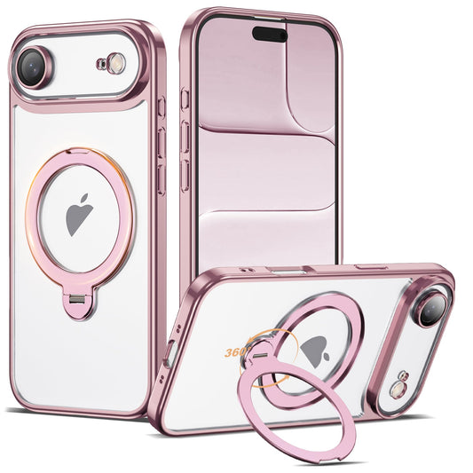 AmoraAqua Compatible with iPhone 17 Air Case with 360° Magnetic Ring Stand Compatible with Mag-Safe Camera Lens Protector Plating Clear Phone Case