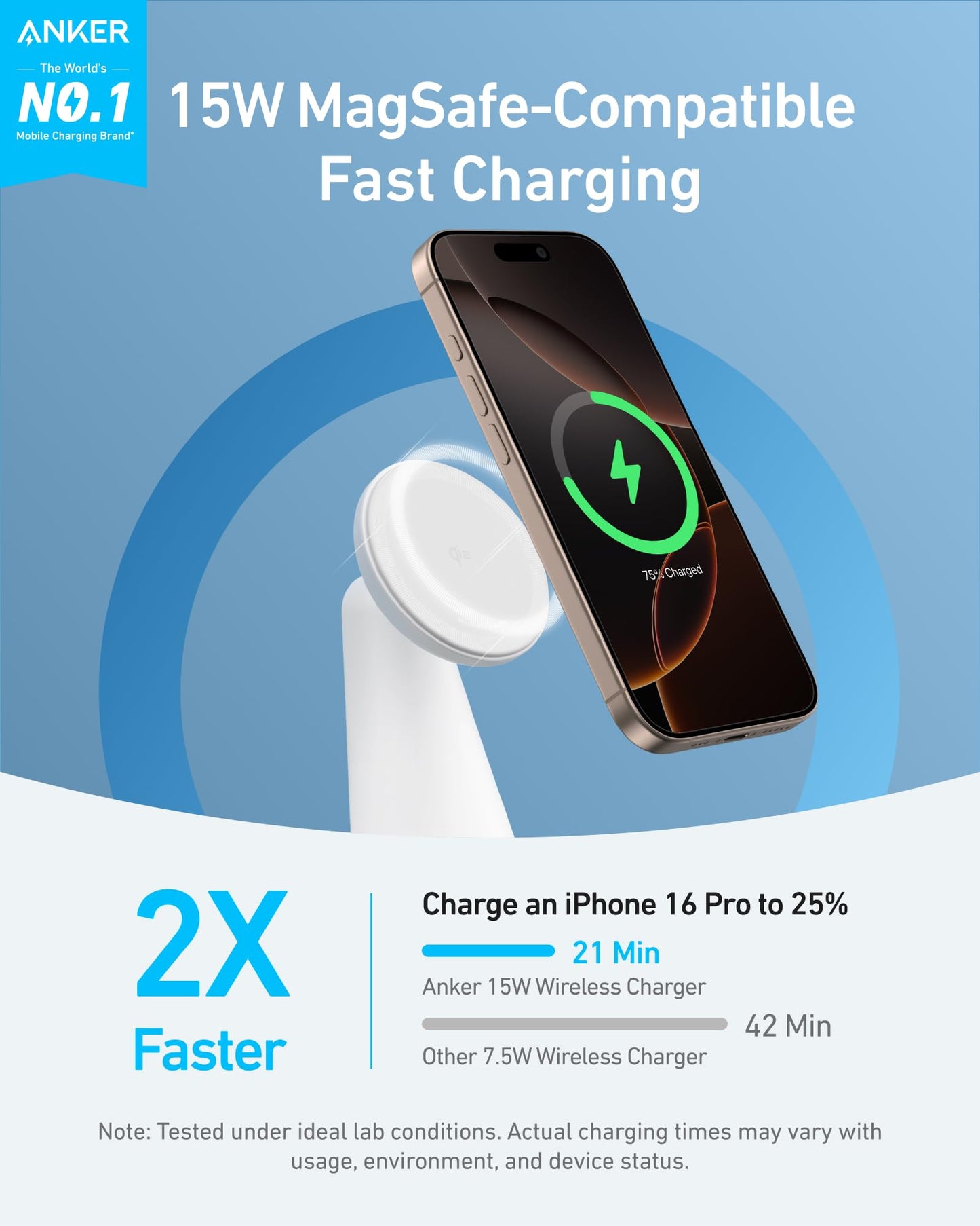 Anker MagSafe Compatible 2-in-1 Charging Stand, iPhone 16 Wireless Charger, Qi2 Certified 15W Ultra-Fast,Adjustable and Super Strong,for iPhone