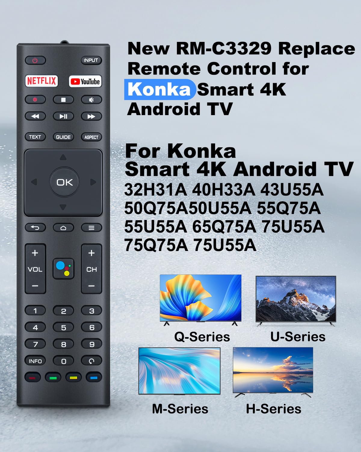 RM-C3329 for Konka TV Remote Control: for JVC Control for Smart 4K Android TV for ANAM RM-C3363 RM-C3369 32H31A 40H33A 43U55A 50Q75A 50U55A 55Q75A