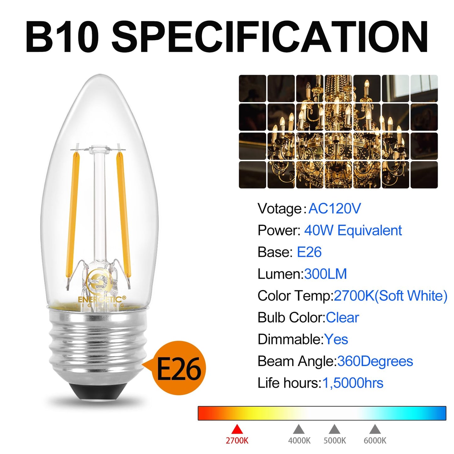 Energetic B10 B11 LED Filament Bulb E26 Candelabra Medium Base 2700K Soft White, 4W, Equivalent 40W, 300 Lumens Dimmable Decorative Candle Light Bulb