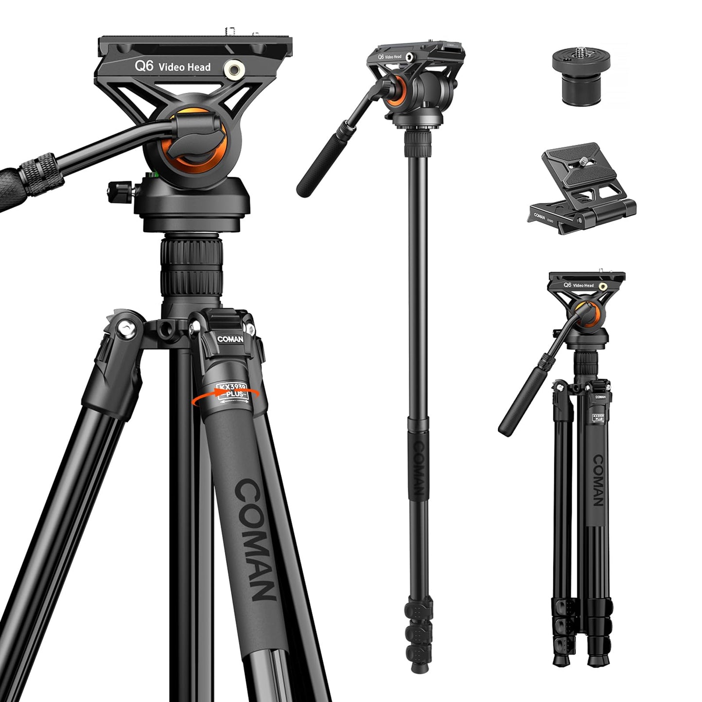 COMAN Fluid Head Tripod for DSLR Camcorder,Camera Monopod Tripod 360° Pan&+90°/-70° Tilt,New Q6 Fluid Head Aluminum Alloy QR Plate Compatible with DJI