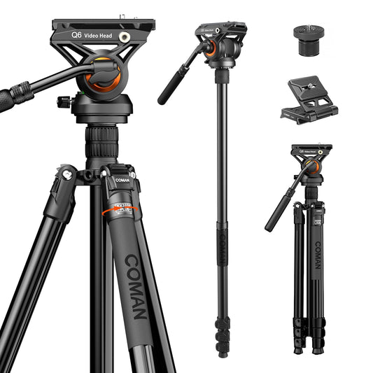 COMAN Fluid Head Tripod for DSLR Camcorder,Camera Monopod Tripod 360° Pan&+90°/-70° Tilt,New Q6 Fluid Head Aluminum Alloy QR Plate Compatible with DJI