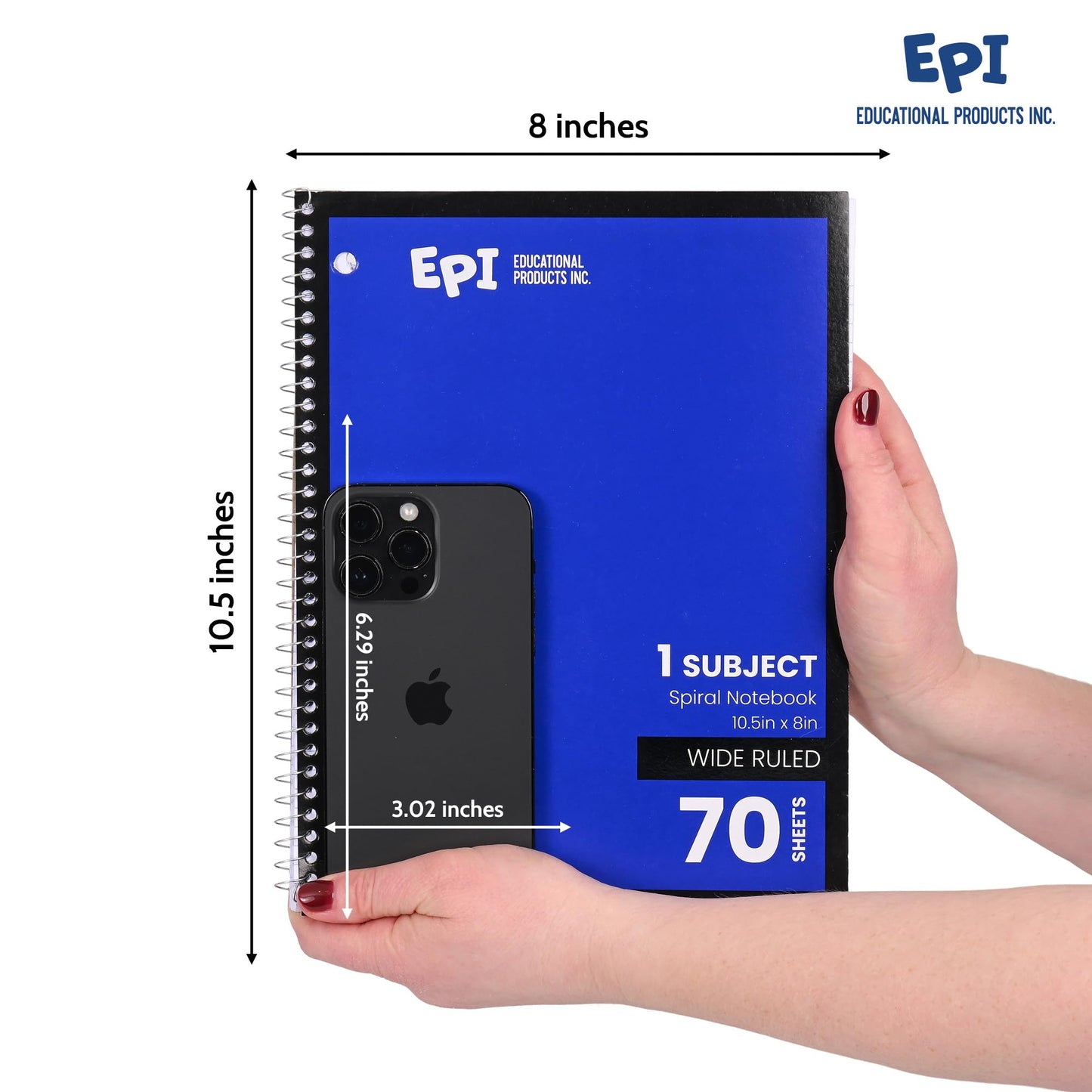 EPI Spiral Notebook | Wide - 70 Sheets, Durable Spiral Binding | 10.5 x 8 in | Classroom Supplies | School, Office, Note Taking, Journaling - 6 Pack