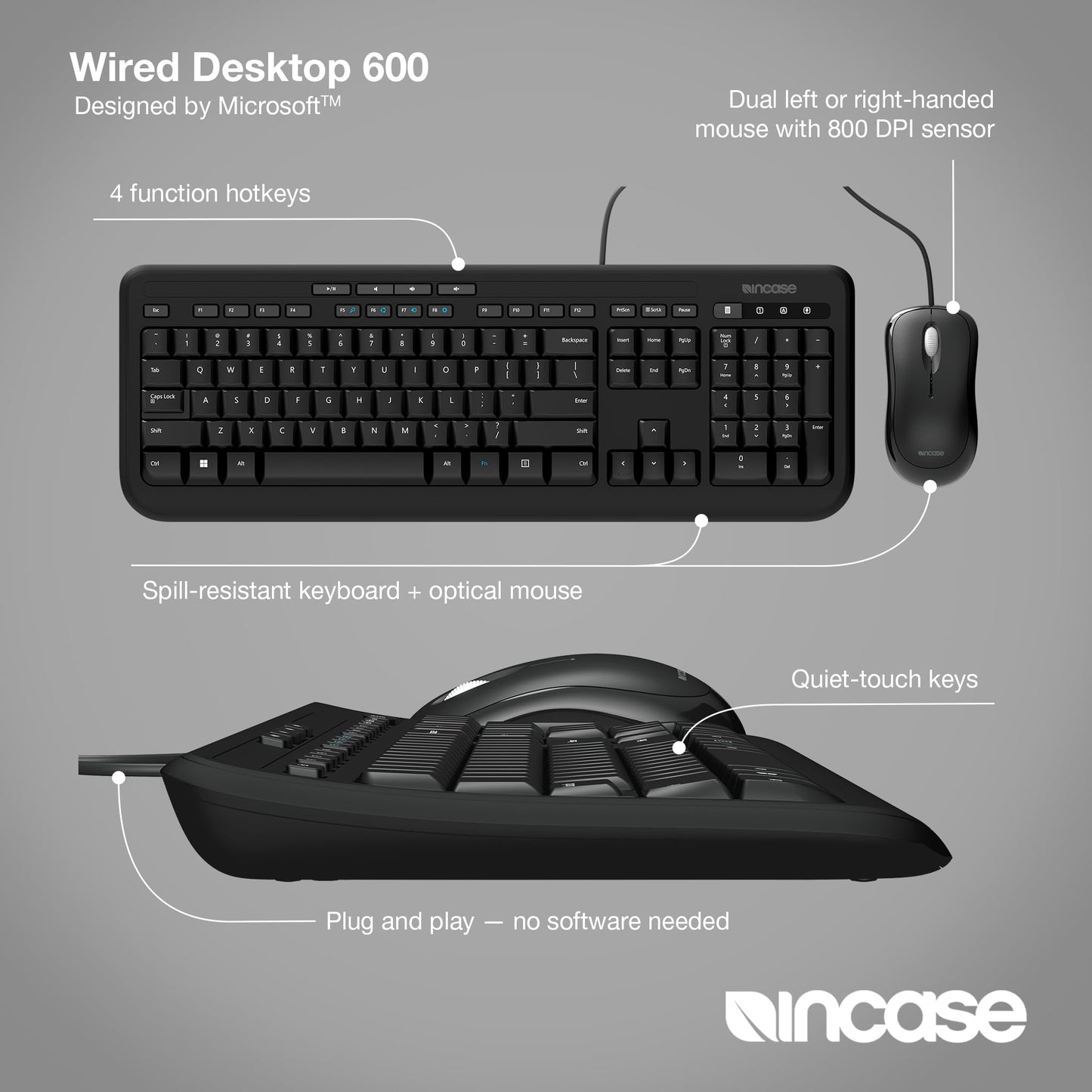 Incase Wired Desktop 600 Keyboard & Mouse Combo - Designed by Microsoft - Four Hot Keys, Spill-Resistant Keyboard, Quiet-Touch Keys, Optical Mouse