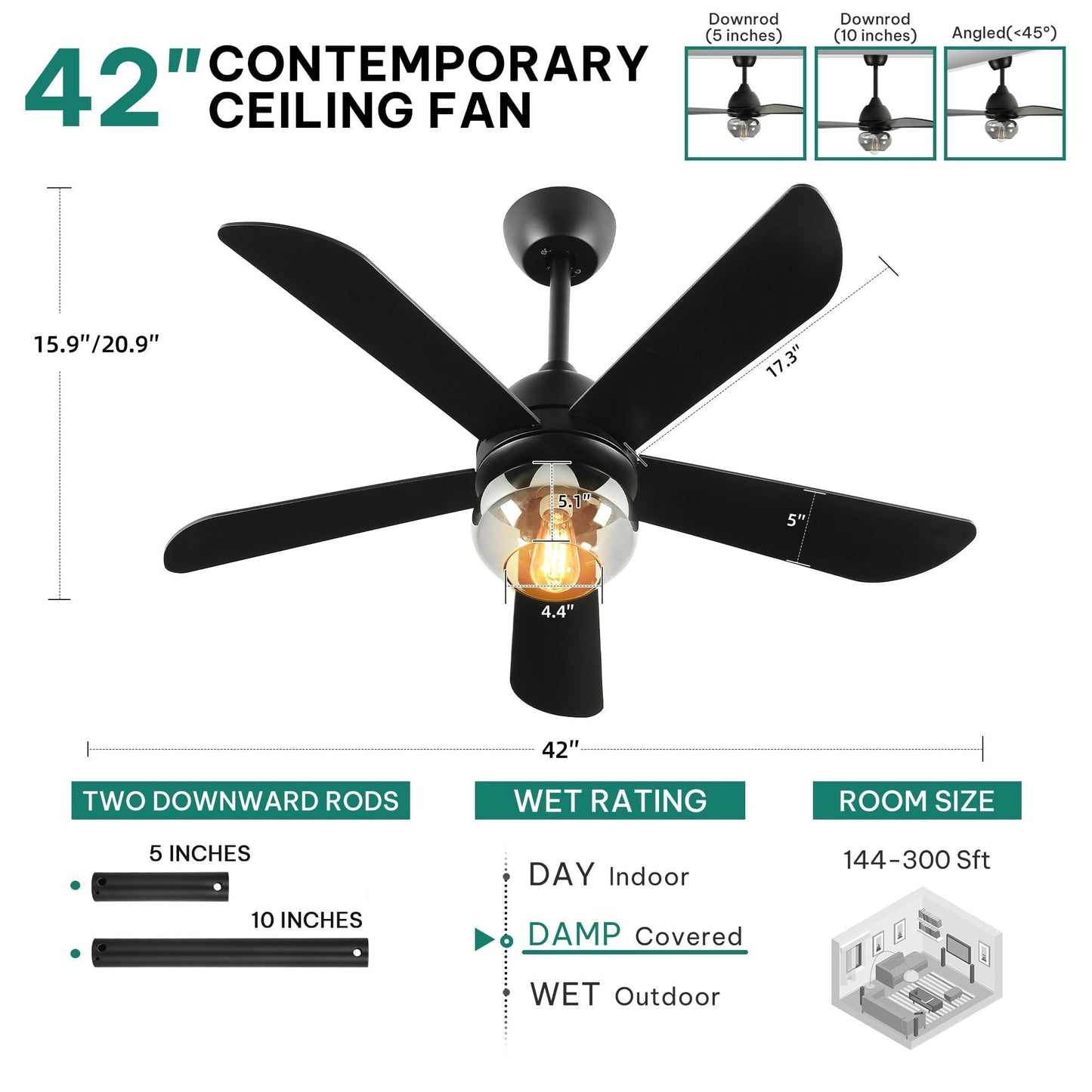 YITAHOME Ceiling Fans with Lights, Unique Designs for Glass Lampshade and Fan Blades, 52 Inch Modern Ceiling Fan, 6 Speeds, Reversible Quiet DC Motor
