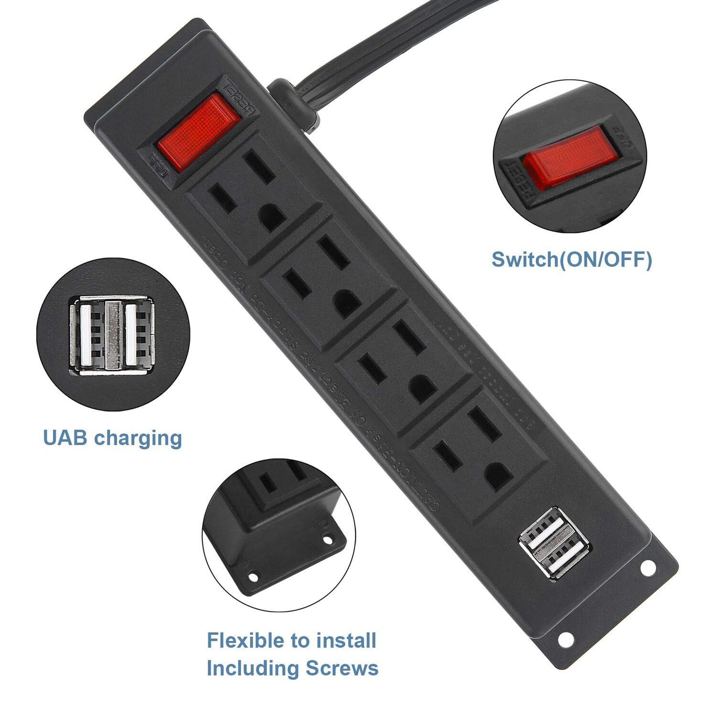 Wall Mount Power Strip with 4 Outlet, Mountable Power Strip with 2 USB Ports, 4-Port Under Desk Mount Connect with 6FT Power Cord, for Workbench