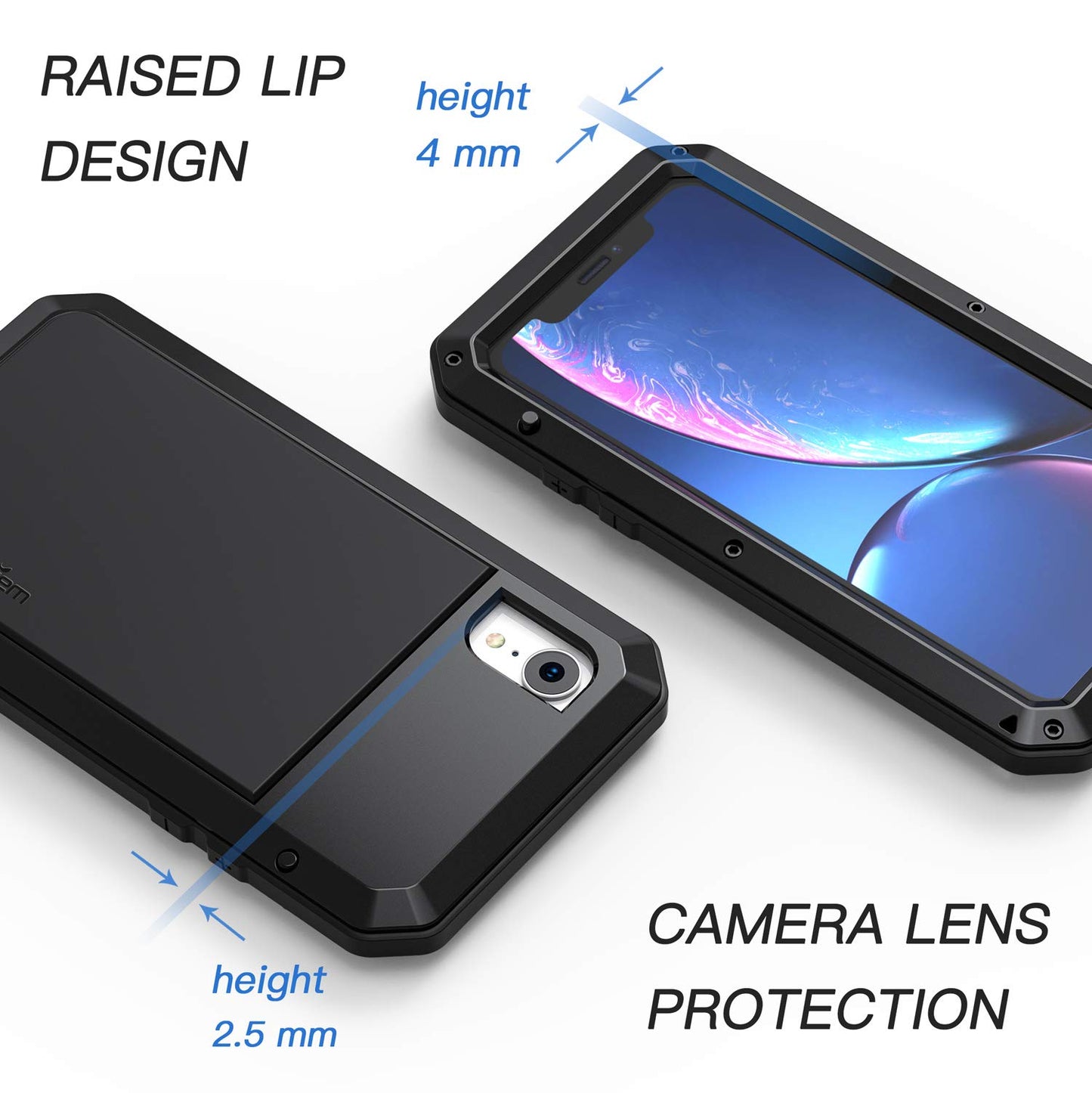 Lanhiem iPhone XR Metal Case, Heavy Duty Shockproof Case with Built-in Glass Screen Protector, Rugged Full Body Protective Cover, Black