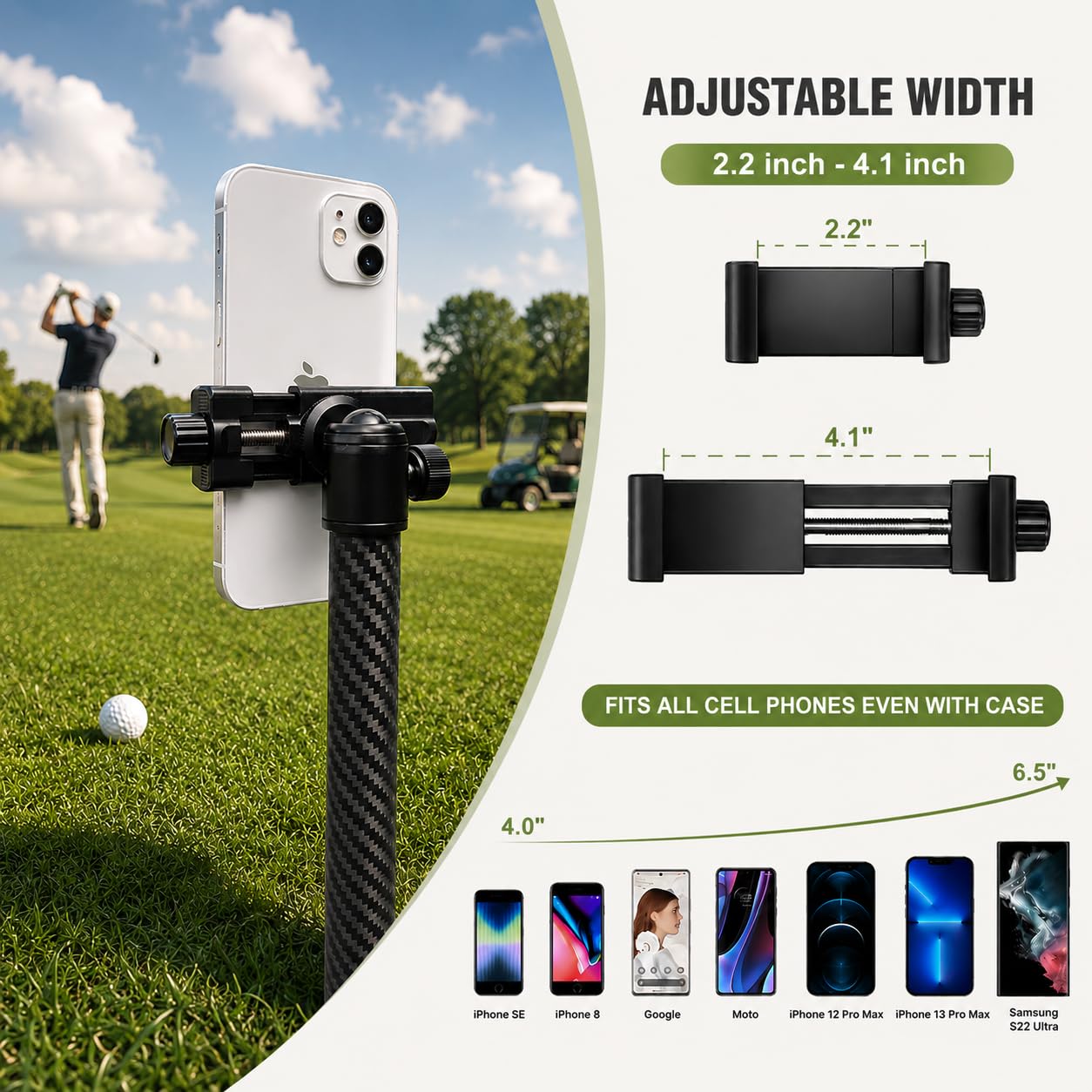 Carbon Fiber Monopod Golf Swing Recorder - Ultra Lightweight with MagSafe Magnetic Holder - Adjustable 32-55" Height - Ground Spike - Training Aid
