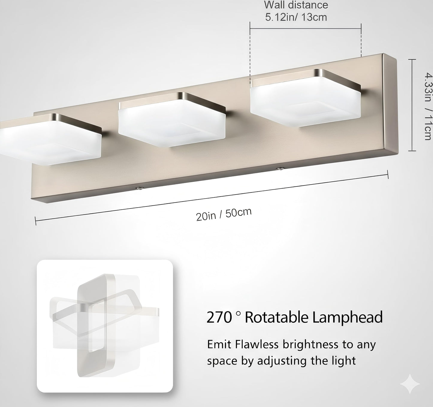 Bicrink Brushed Nickel Vanity Lights for Bathroom - 3 Light Vanity Light Fixture - Dimmable LED Wall Sconces - Daylight 5500K - Elegant Bath Light