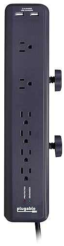 Plugable 6 AC Outlet Surge Protector with Clamp Mount for Workbench or Desk. Built-in 10.5W 2-Port USB Power for Android, Apple iOS, and Windows