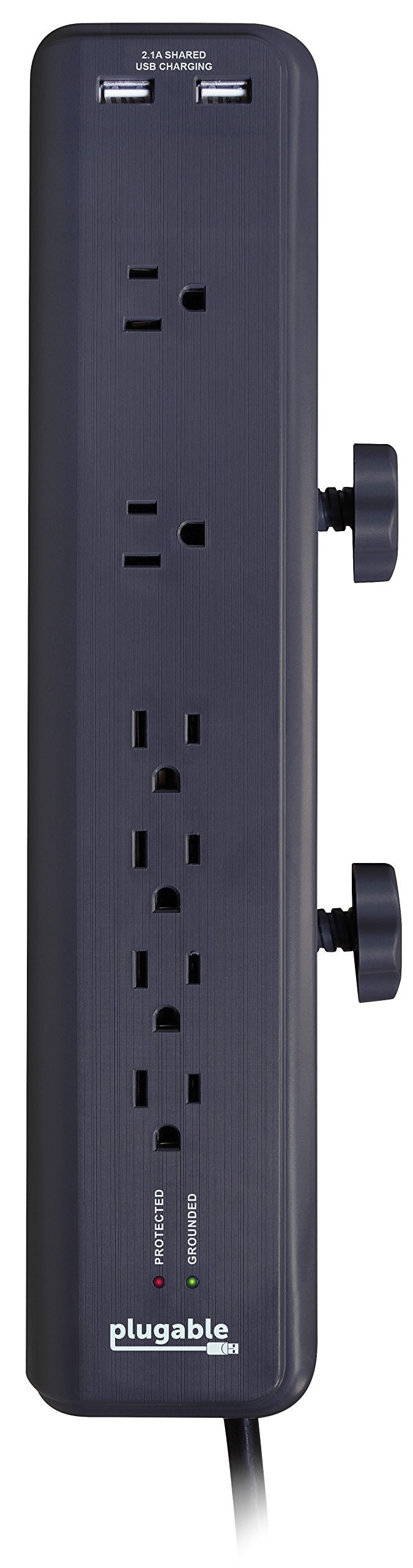 Plugable 6 AC Outlet Surge Protector with Clamp Mount for Workbench or Desk. Built-in 10.5W 2-Port USB Power for Android, Apple iOS, and Windows