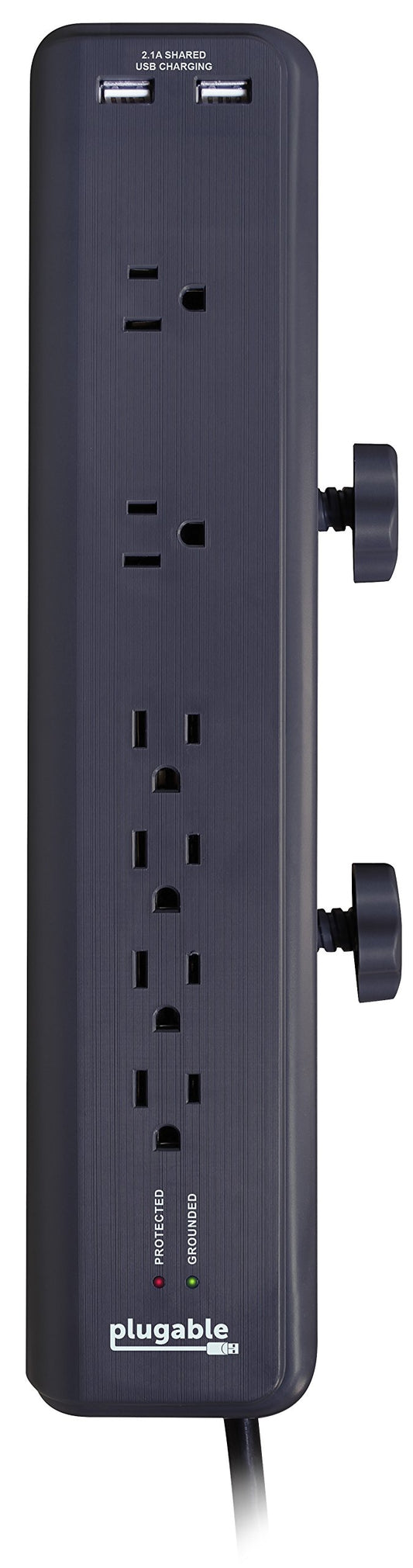 Plugable 6 AC Outlet Surge Protector with Clamp Mount for Workbench or Desk. Built-in 10.5W 2-Port USB Power for Android, Apple iOS, and Windows