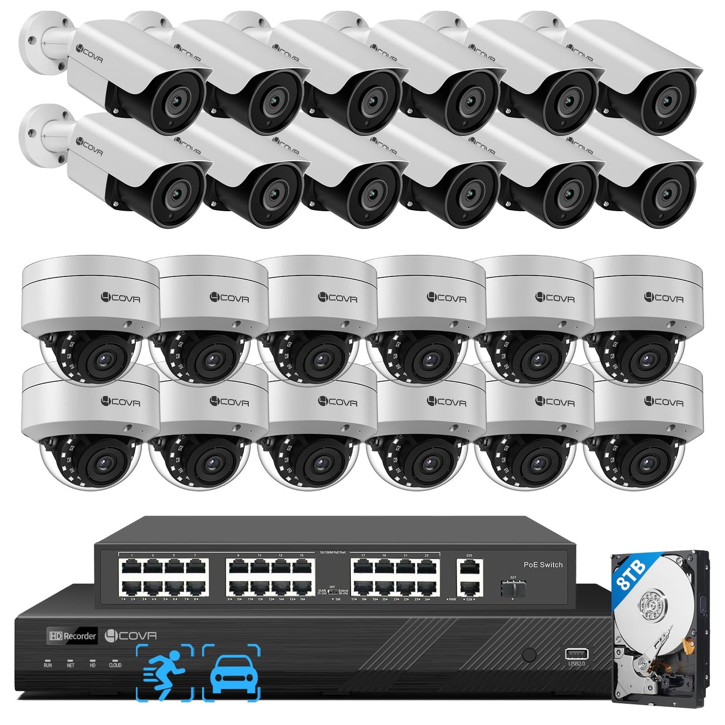 4COVR 4K PoE 32 Channel Security Camera System, 12 Dome IK10 Vandal-Proof 12 Bullet 8MP Commercial IP Camera IP67 Night Vision, AI Human/Vehicle