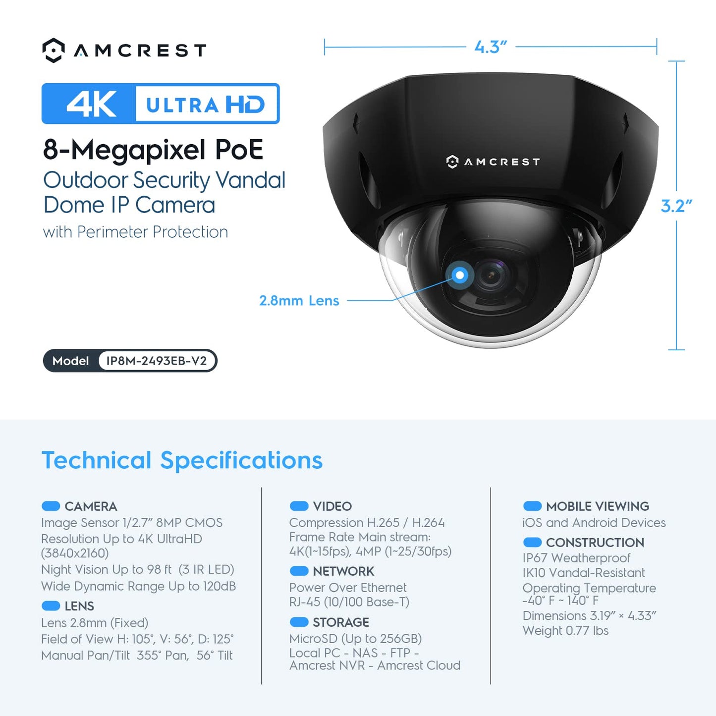 Amcrest 4K Outdoor POE IP Camera, UltraHD 8MP Security Camera, IK10 Vandal Resistant Dome, 2.8mm Lens, IP67 Weatherproof Security, Cloud & MicroSD