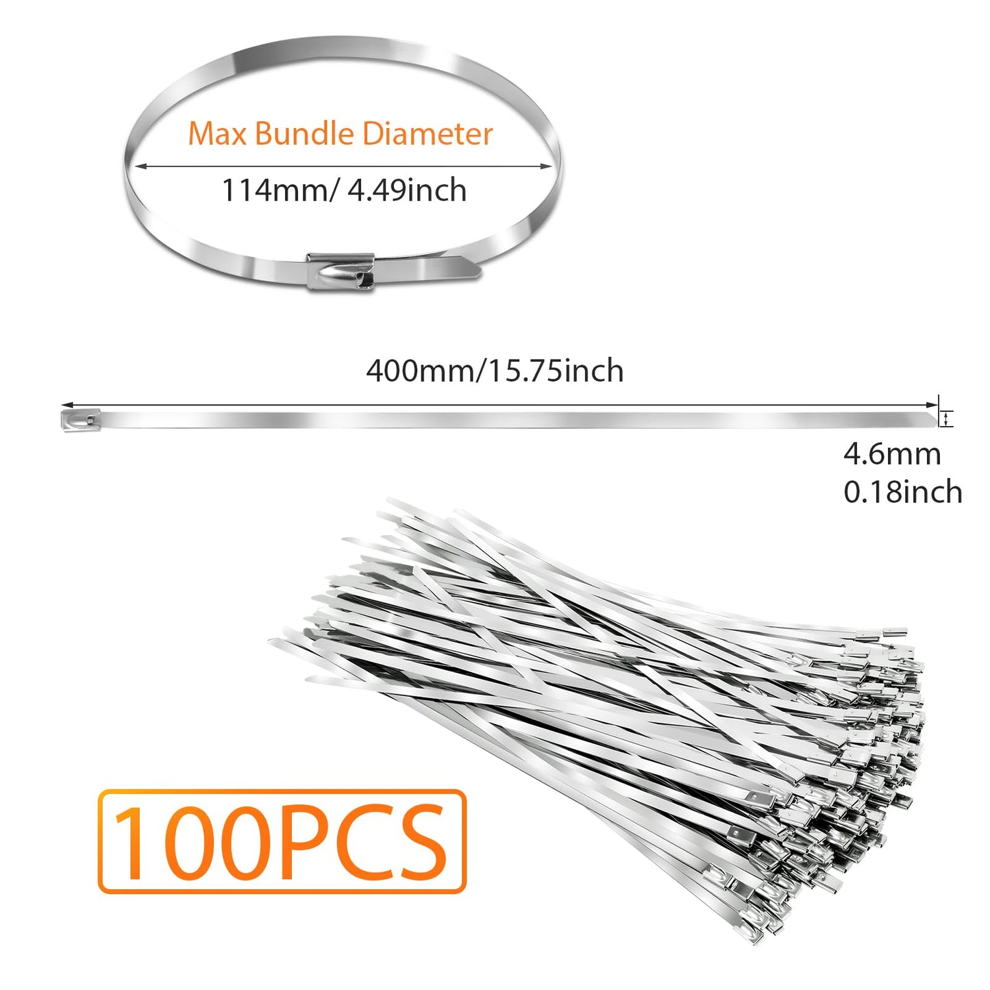 100PCS 15.7 inch 304 Stainless Steel Zip Ties Metal Zip Ties Heavy Duty Locking Cable ties Strap for Exhaust Wrap, Garage, Outdoor (15.75)