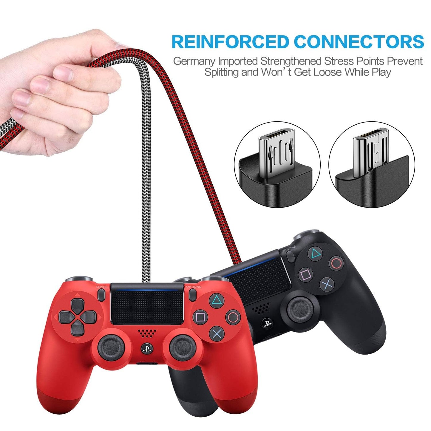 PS4 Controller Charger Cable 13FT - Flush Curved Connector Design for Snug Fit - 2 Pack Nylon Braided Long Micro USB Charging Cord Data Sync Wire