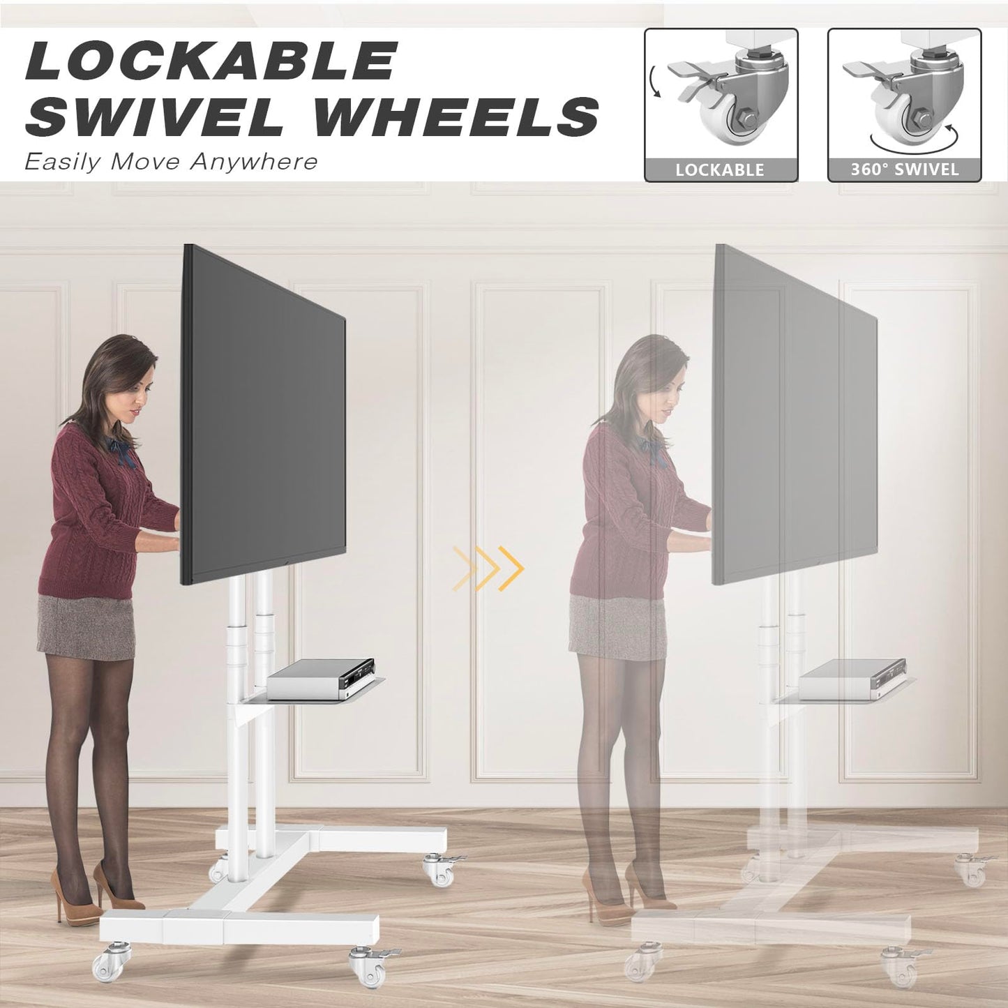 TVON Upgraded Mobile TV Stand on Wheels for 32-83 inch Flat Screen/Curved TVs up to 110 lbs, Height Adjustable Mobile TV Cart with Metal Laptop Shelf