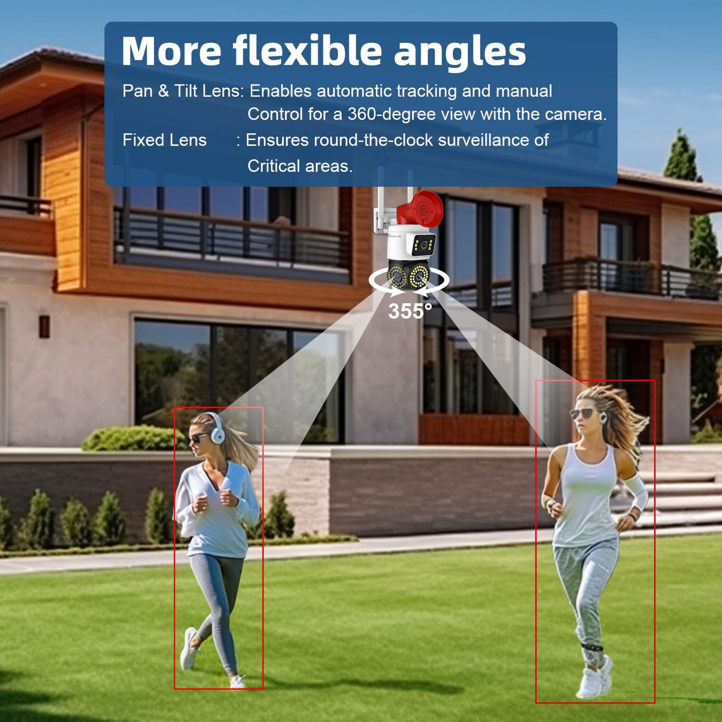 Kinnkall 4MP Dual Lens Outdoor Security Camera with Night Vision & Floodlight, 355° Pan/Tilt Motion Tracking, 2.4GHz WiFi, SD/Cloud Storage, IP66