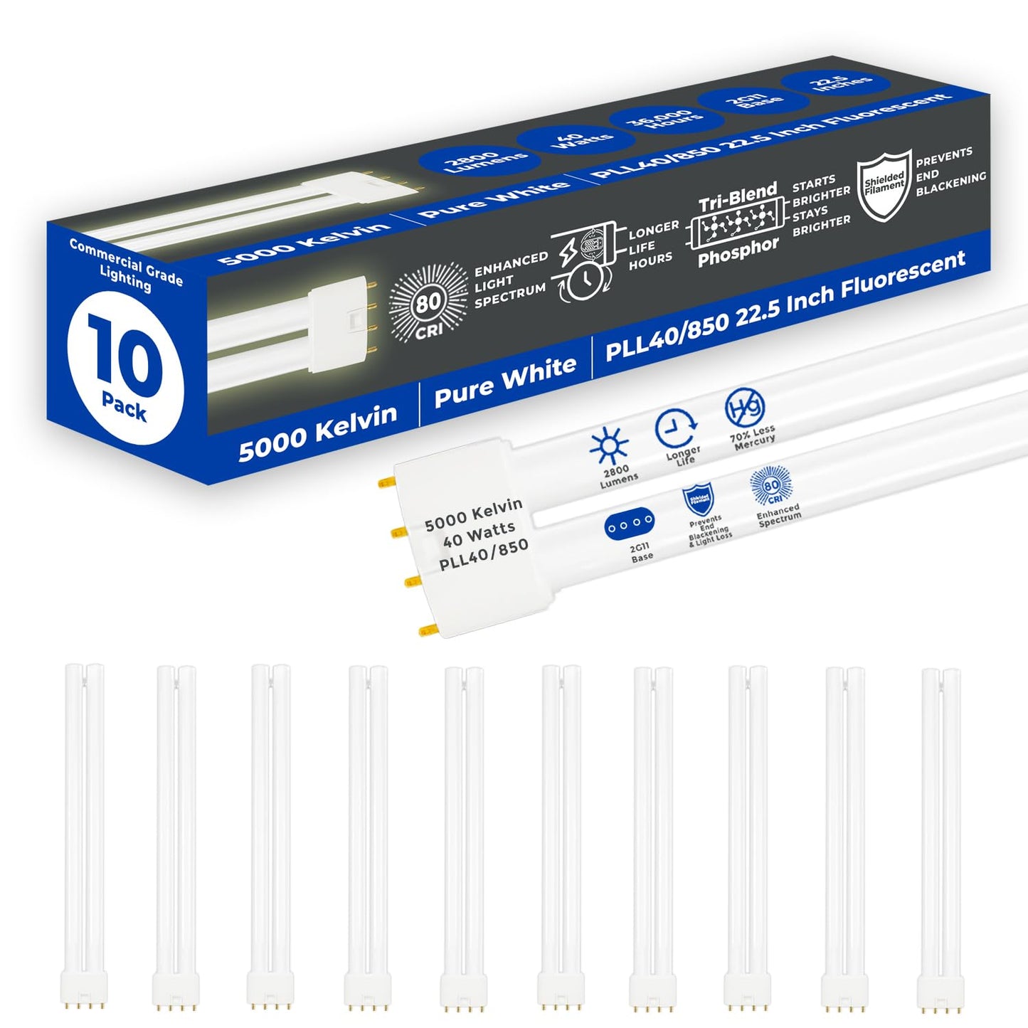 GoodBulb PLL40/850 40W 22.5" Twin Tube Compact Fluorescent Light Bulb 4-pin 2G11 Base 5000K Daylight 2800 Lumen 36000 Hour Long Life Biax Pack of 10