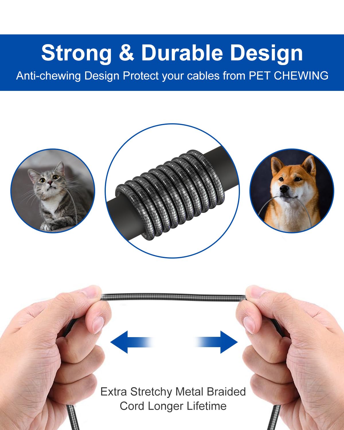 Metal Braided USB-C to USB-C Cable 6.6ft, 60W PD Fast Charging & Data Sync, Cat & Dog Chew Proof Charger Cord, Tangle-Free Indestructible Charger Cord