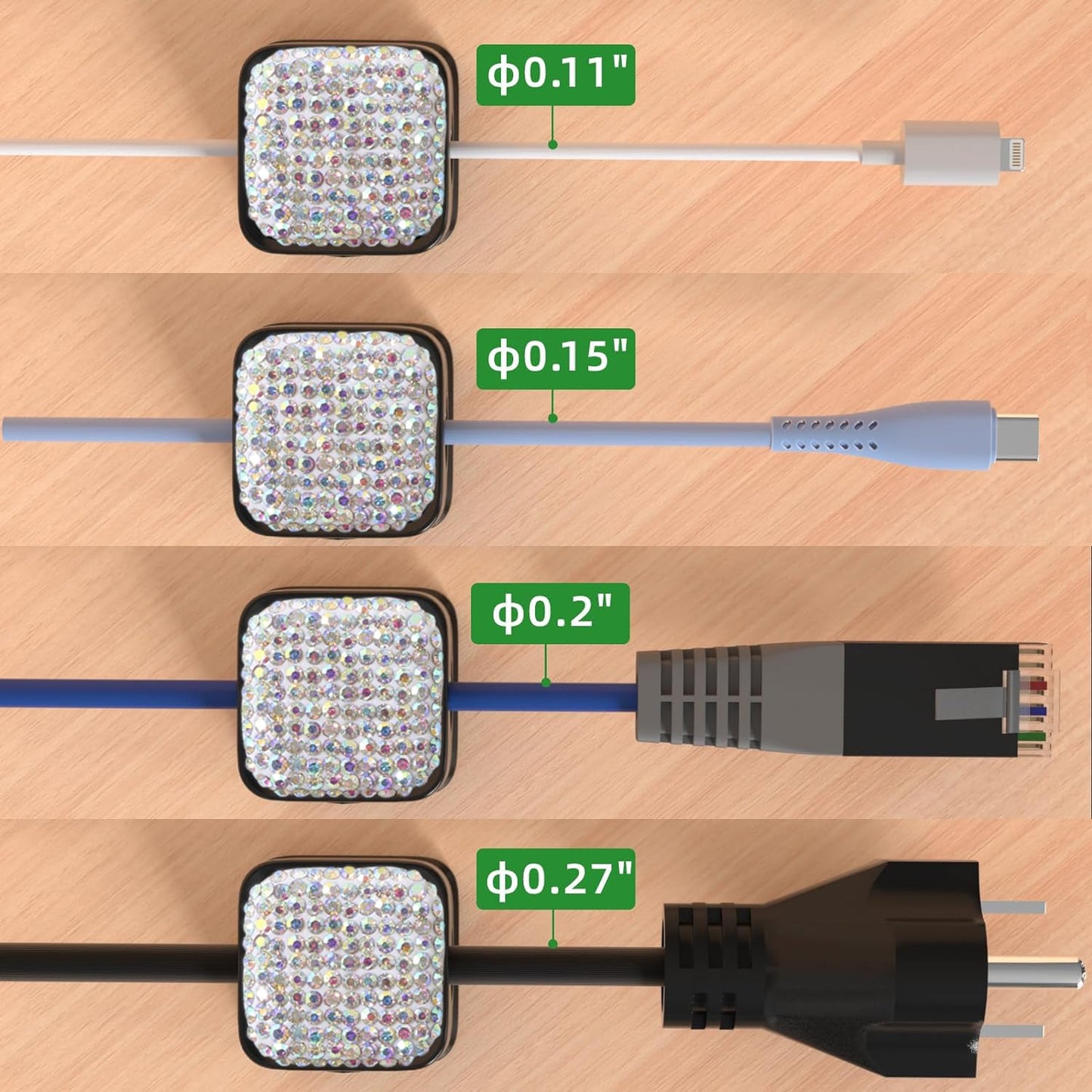Sparkly Diamond Cord Organizer Holder, 6 Pack Magnetic Desk Cable Clips Management, Hide Phone Charging Cable Keeper, Strong Adhesive Wire Charger