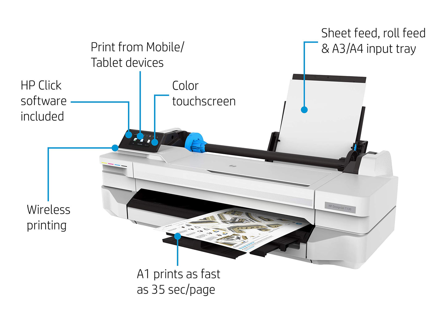 HP 24" Large-Format Printer - Color - Ink-Jet - Roll A1 (24 in x 150 Ft) - 1200 x 1200 Dpi - Up to 0.6 Min/Page (Mono)/ Up to 0.6 Min/Page (Color)