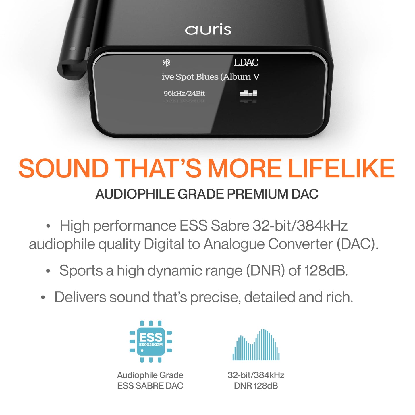 Auris Blume Pro HiFi Bluetooth 5.3 Music Receiver Long Range Bluetooth Adapter with Audiophile DAC, LDAC, aptX HD, OLED Display & Optical Coaxial AUX