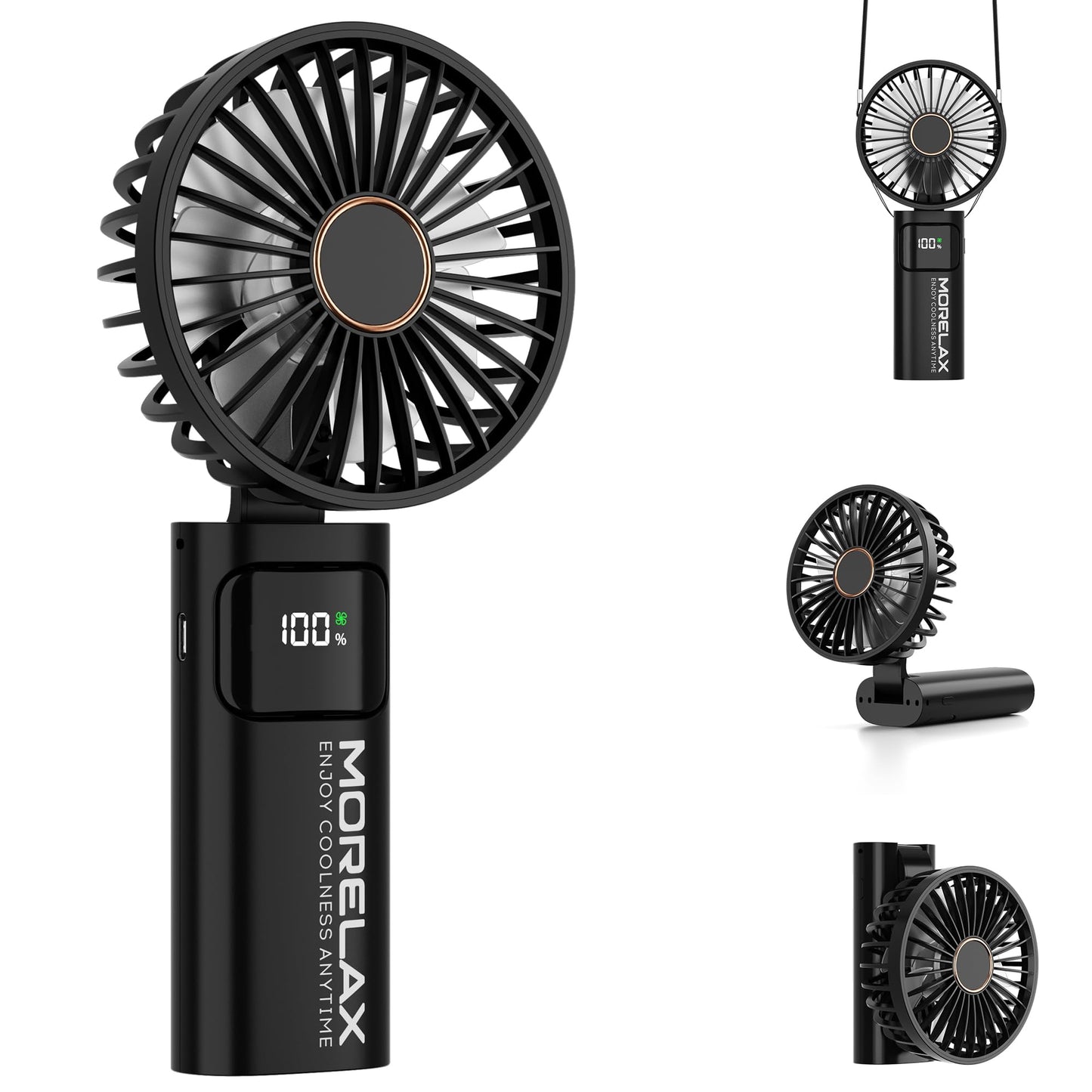 Portable Handheld Fan, USB Rechargeable Foldable Mini Personal Fan, 5200mAh, 180 Adjustable, 6 Speed Wind, 3 IN 1 Hand Cooling Desk Fan with LED