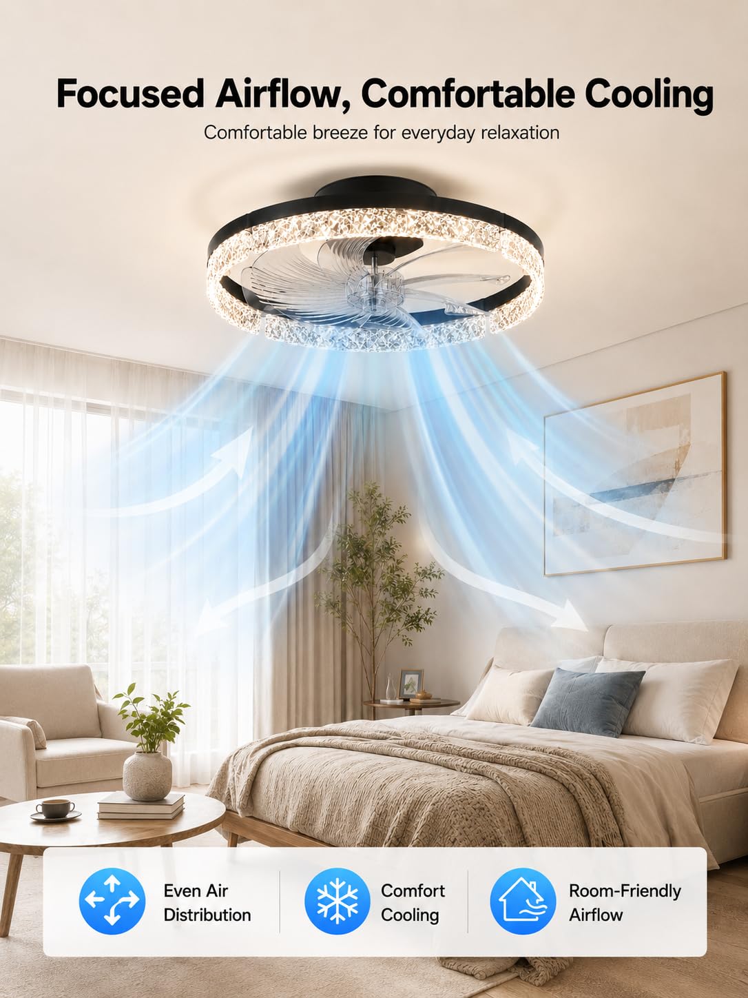 Garvee 20'' Ceiling Fan with Lights, Low Profile Crystal Flush Mount Fan