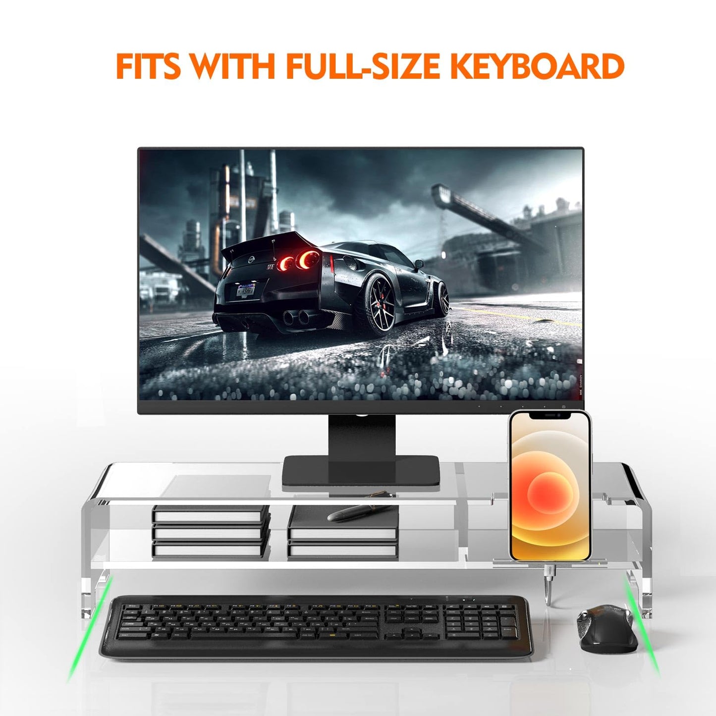 BEYGORM Acrylic Monitor Stand for Full Keyboard, 20" Wide 2-Tier Riser with Storage Shelf and Phone Holder, Desktop Organizer for Laptop, Printer