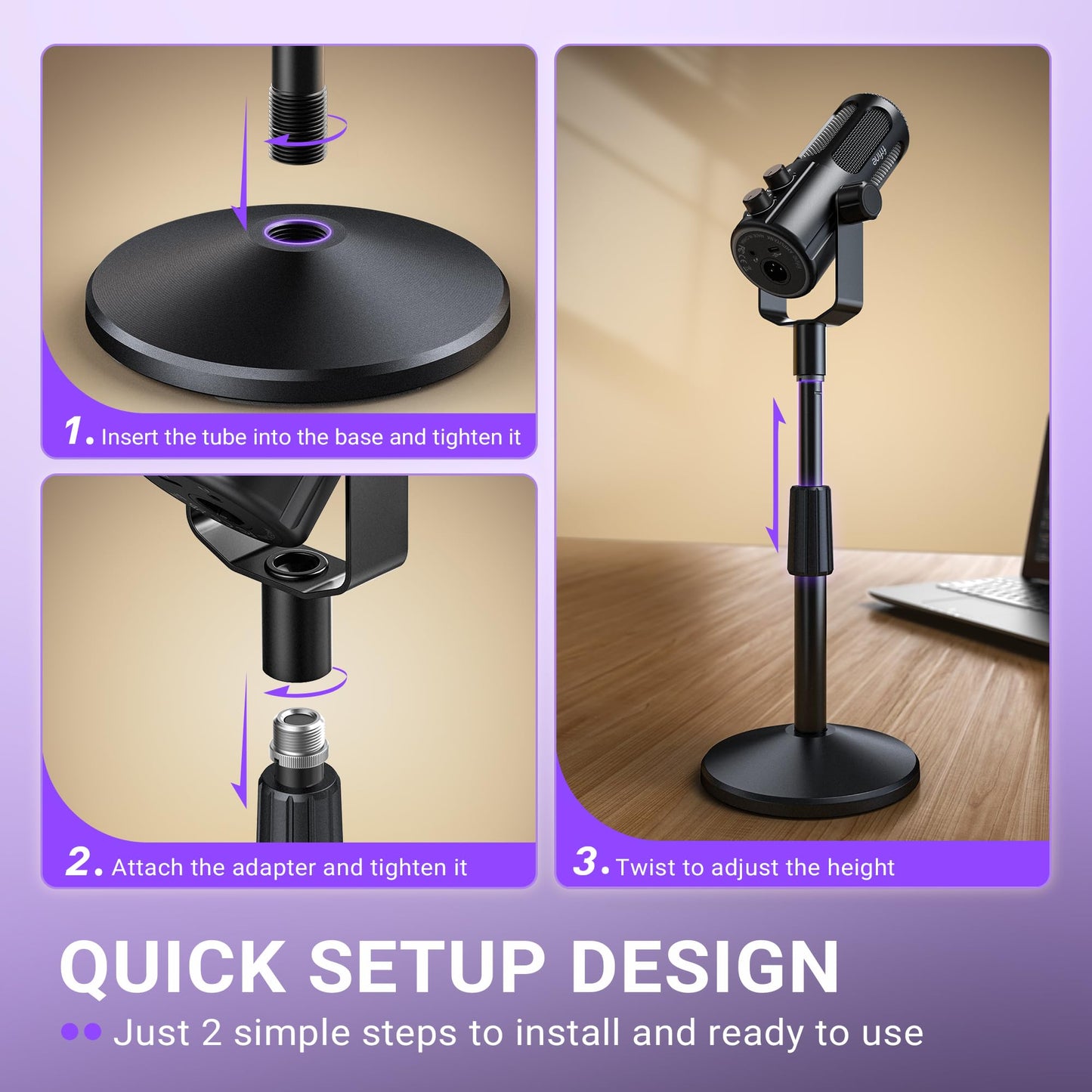 FIFINE Desktop Microphone Stand, Adjustable Heavy Duty Weighted Base Tabletop Mic Stand with Twist Clutch & 3/8'' to 5/8'' Screw, for Streaming