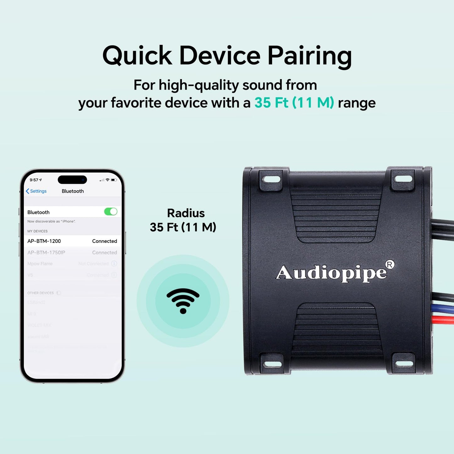 Audiopipe Marine Wireless Music Stream Audio Receiver (AP-BTM-1200), Blutooth 5.0 Adaptor, RCA Stereo Outputs, Perfect for Marine, ATV, UTV, Golf Car