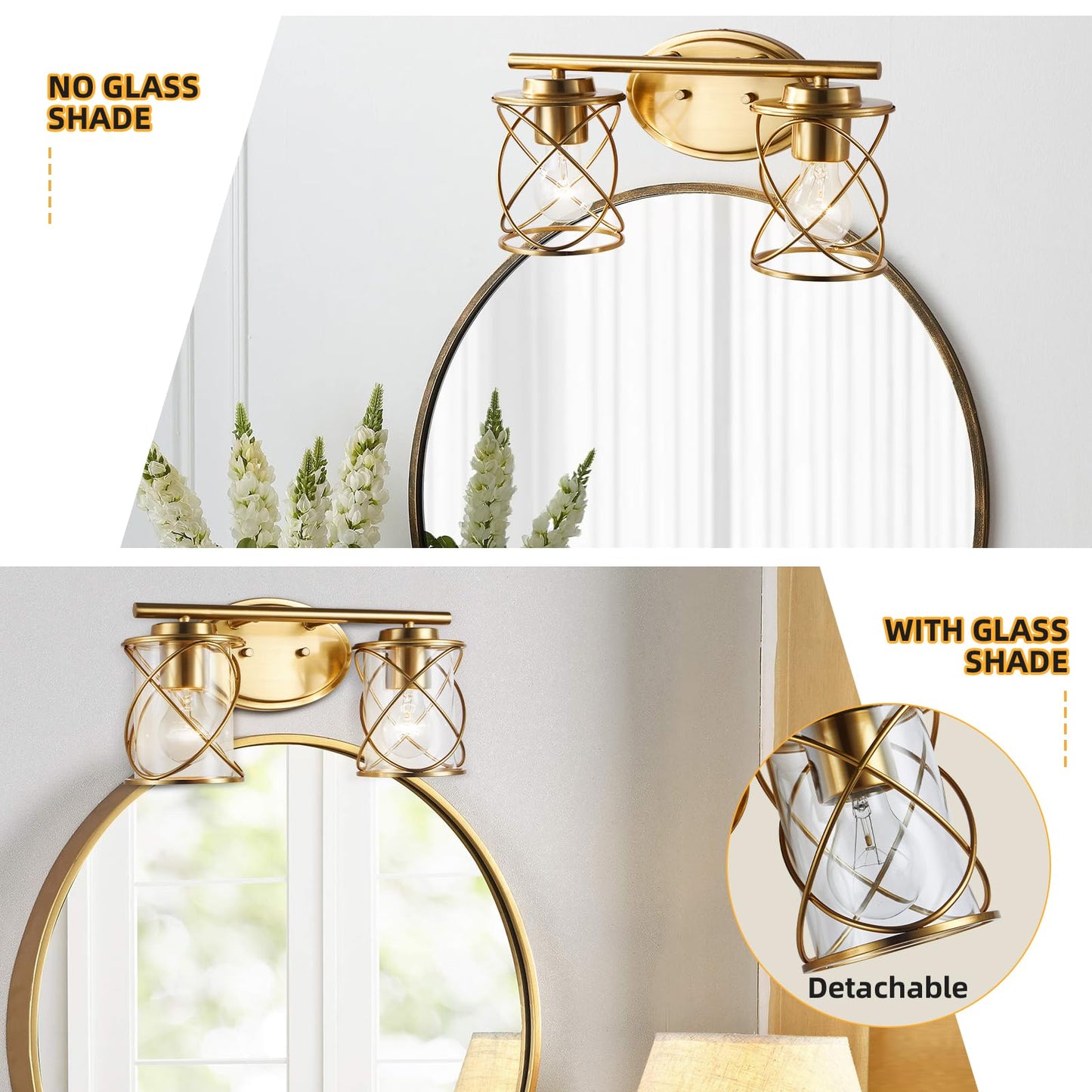 mavcadonf 2-Light UL Certified Brushed Gold Vanity Light, Metal Cage Shade Wall Sconce Over Mirror, Modern Farmhouse Light Fixture for Bathroom