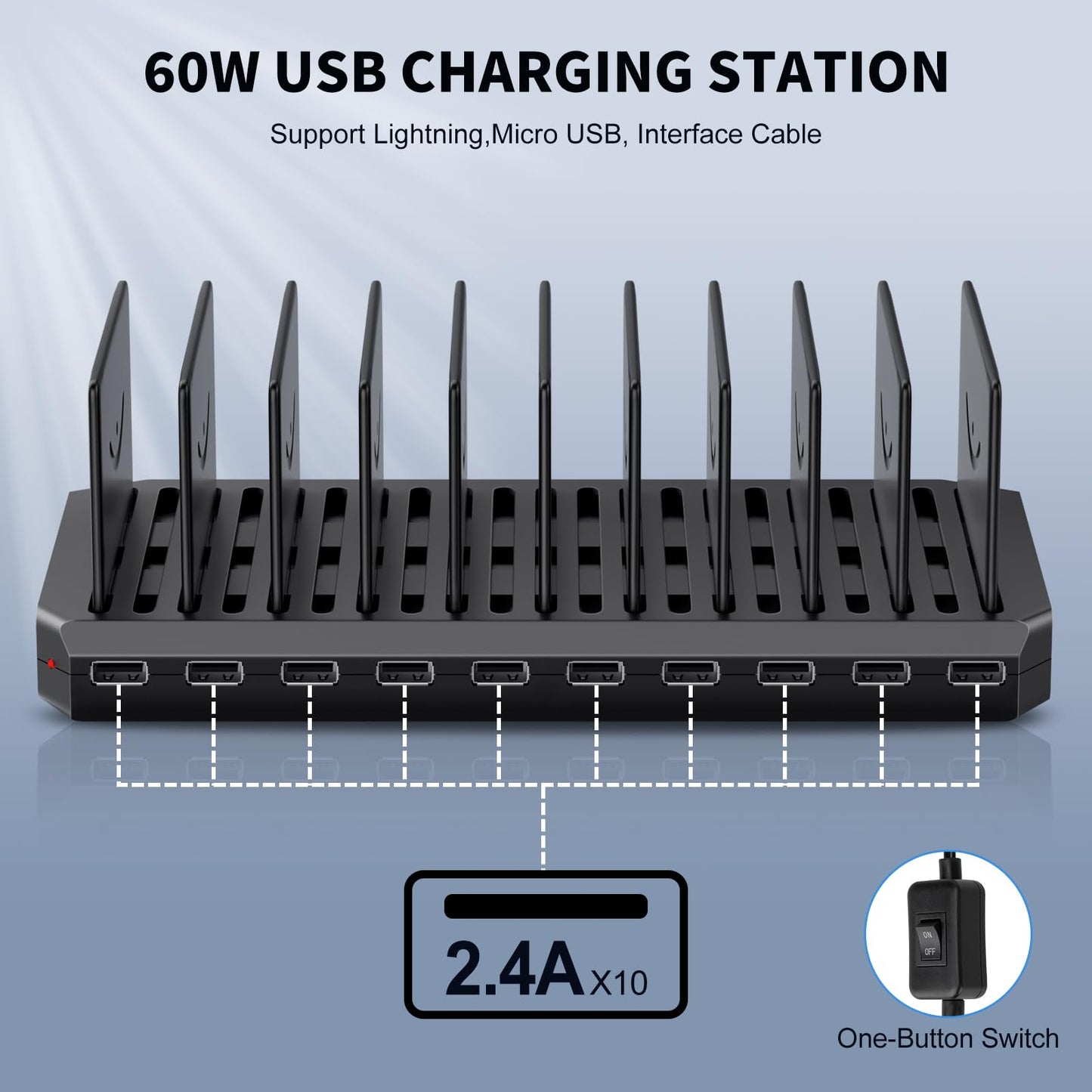 USB Charging Station for Multiple Devices, 10 Port 60W Multiple USB Charger Station with Adjustable Dividers, Fast Charging Station Hub for Hotels