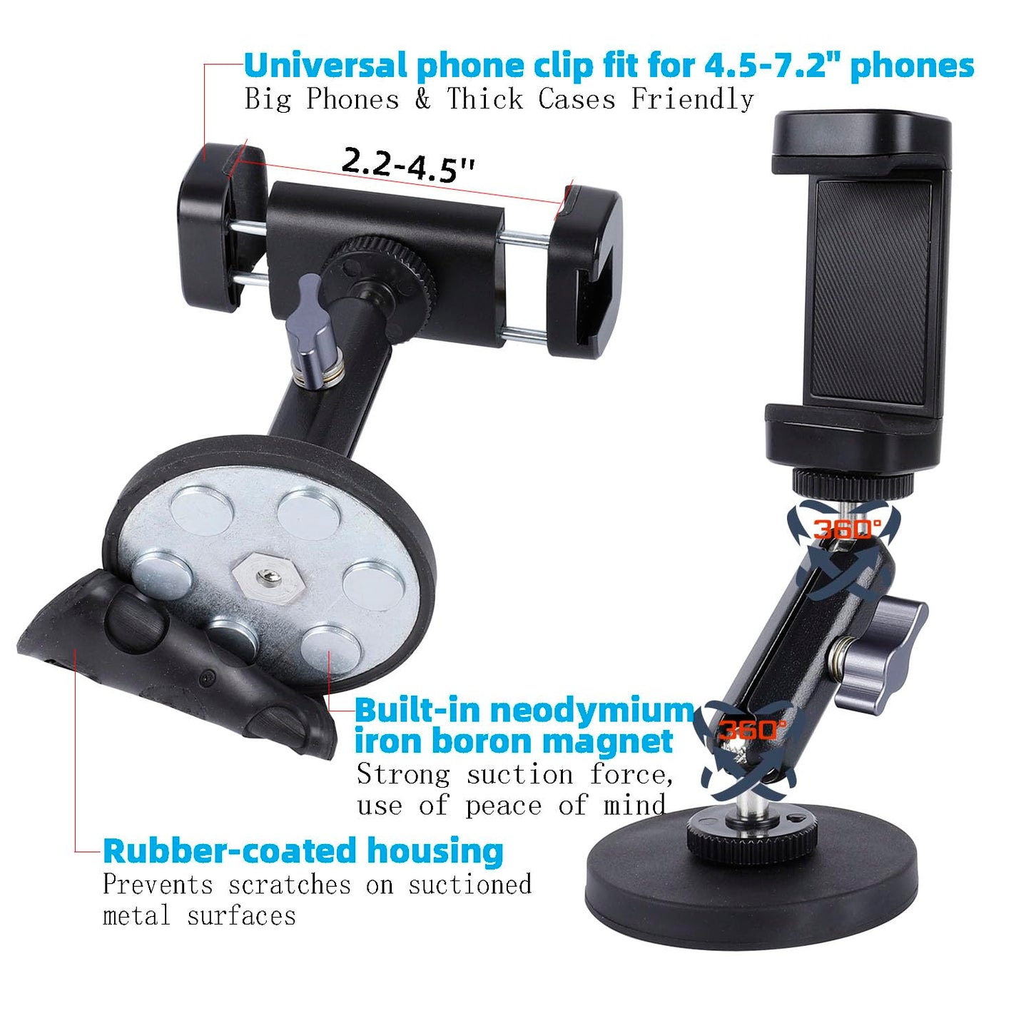 Gym Magnetic Phone Holder Mount with 360° Adjustable Dual Ballhead Magic Arm, Magnet Base Phone Mount for Gym Equipment, Refrigerator, or Any Ferrous
