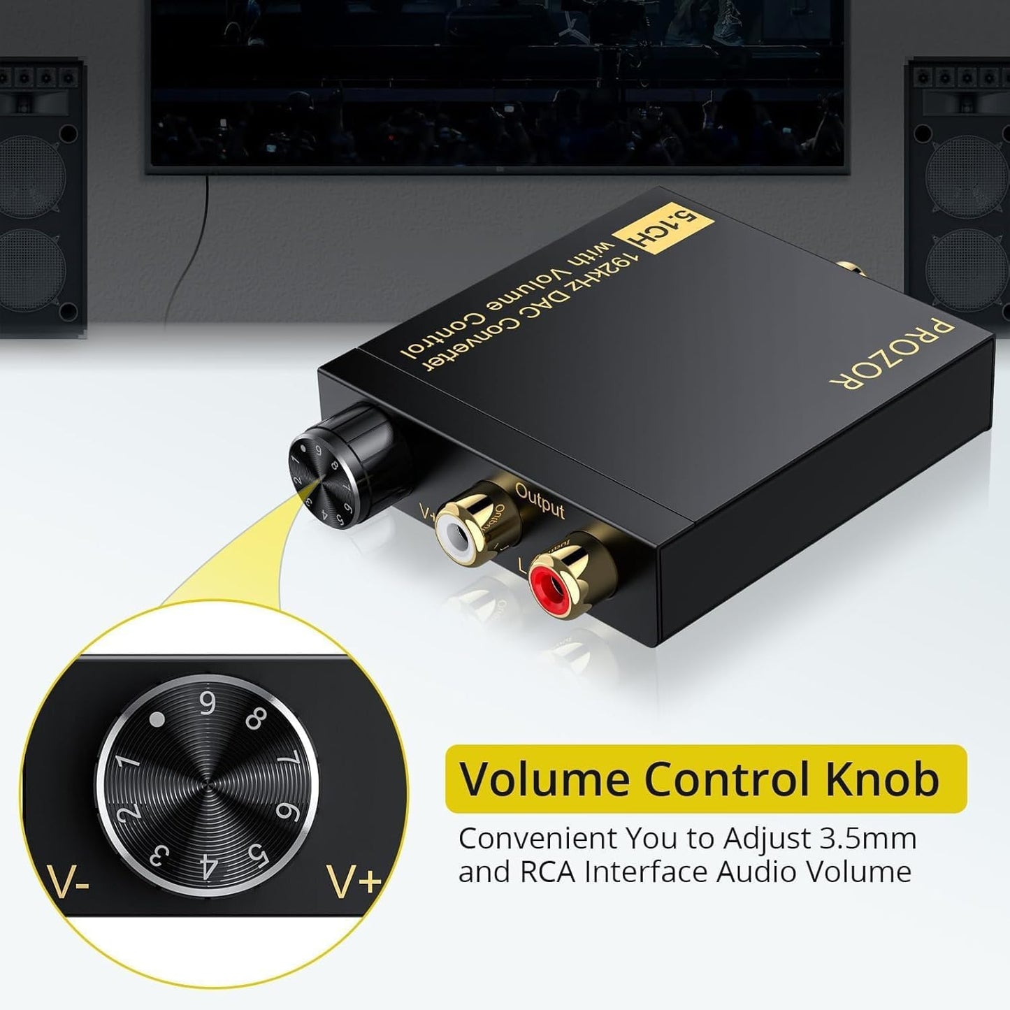 PROZOR DAC Converter 192Khz Digital to Analog Audio Decoder with Volume Control Support 5.1CH DTS Dolly-AC3 Coaxial SPDIF Toslink Optical to RCA