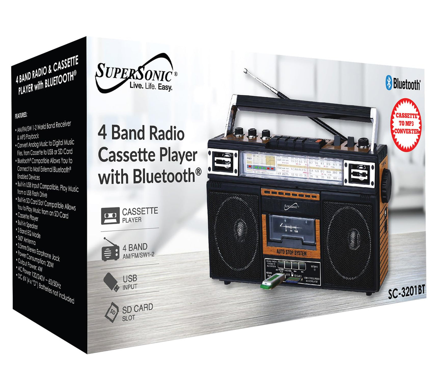 Supersonic SC-3201BT 4 Band Radio & Cassette Player Boombox, Bluetooth Speaker, AM/FM/SW Radio with MP3 Playback, USB & SD Card, 3 Band EQ