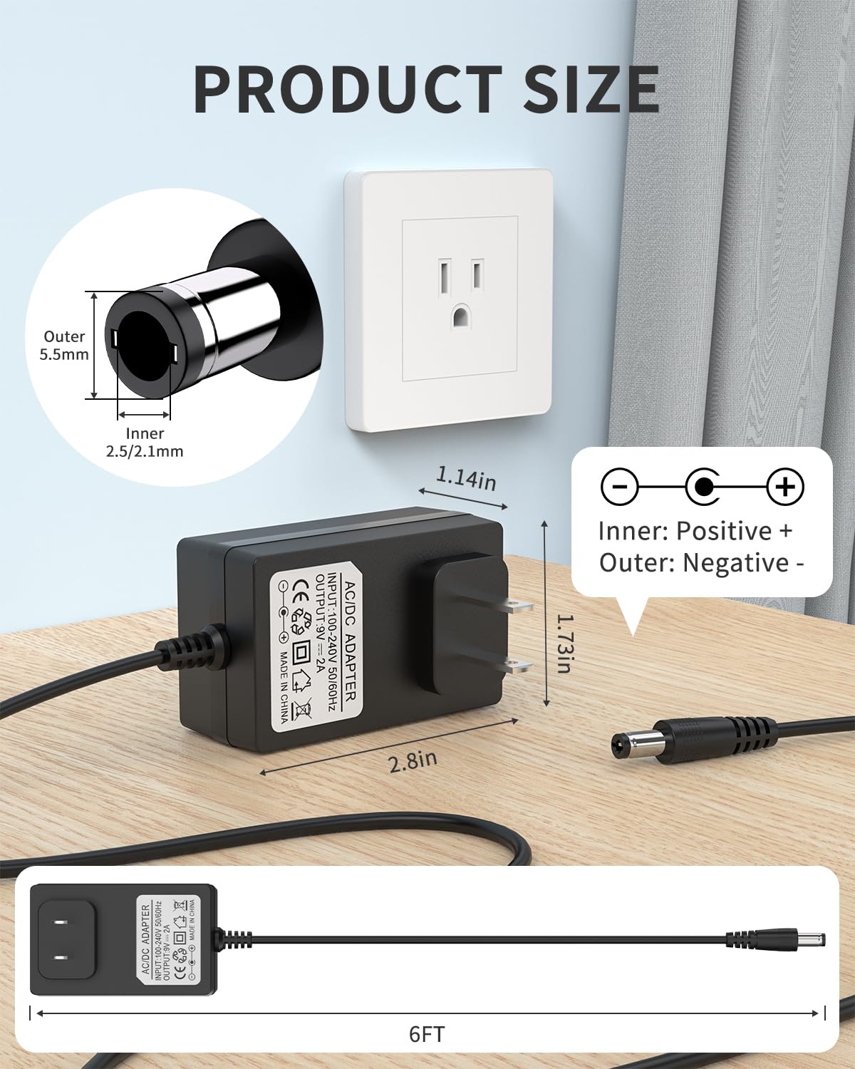 LitStar 9V 2A AC Adapter, 6ft Cord, 5.5mm x 2.1mm & 2.5mm Barrel Jack, 100V-240V Input, 9V 2A Output, Advanced Safety Protections, Compatible…