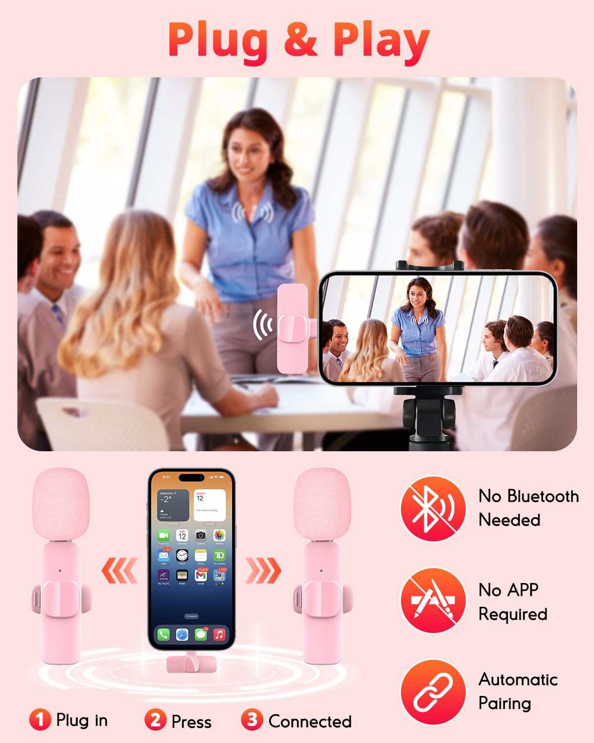 KoXeetech Pink Mini Wireless Microphone for iPhone & Android, Lavalier Microphone with Noise Cancellation, Plug & Play Pink Mic for YouTube, TikTok