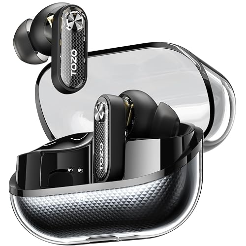 TOZO Crystal Pods Hybrid Active Noise Cancelling Wireless Earbuds, 10mm Drivers Deep Bass, 4 Mics Smart ENC AI Calls, Real-Time AI Translation, 32 EQ