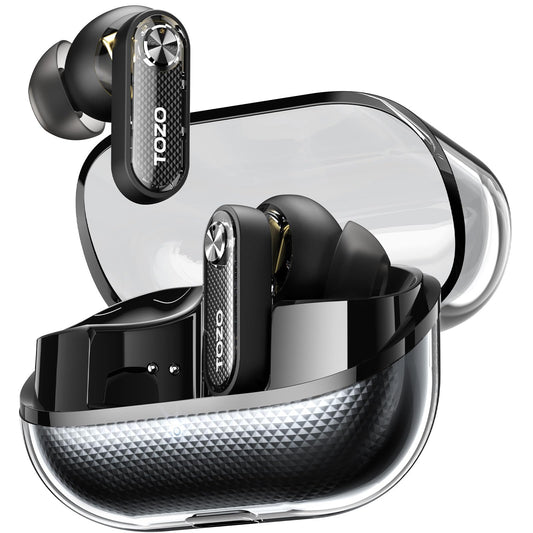 TOZO Crystal Pods Hybrid Active Noise Cancelling Wireless Earbuds, 10mm Drivers Deep Bass, 4 Mics Smart ENC AI Calls, Real-Time AI Translation, 32 EQ