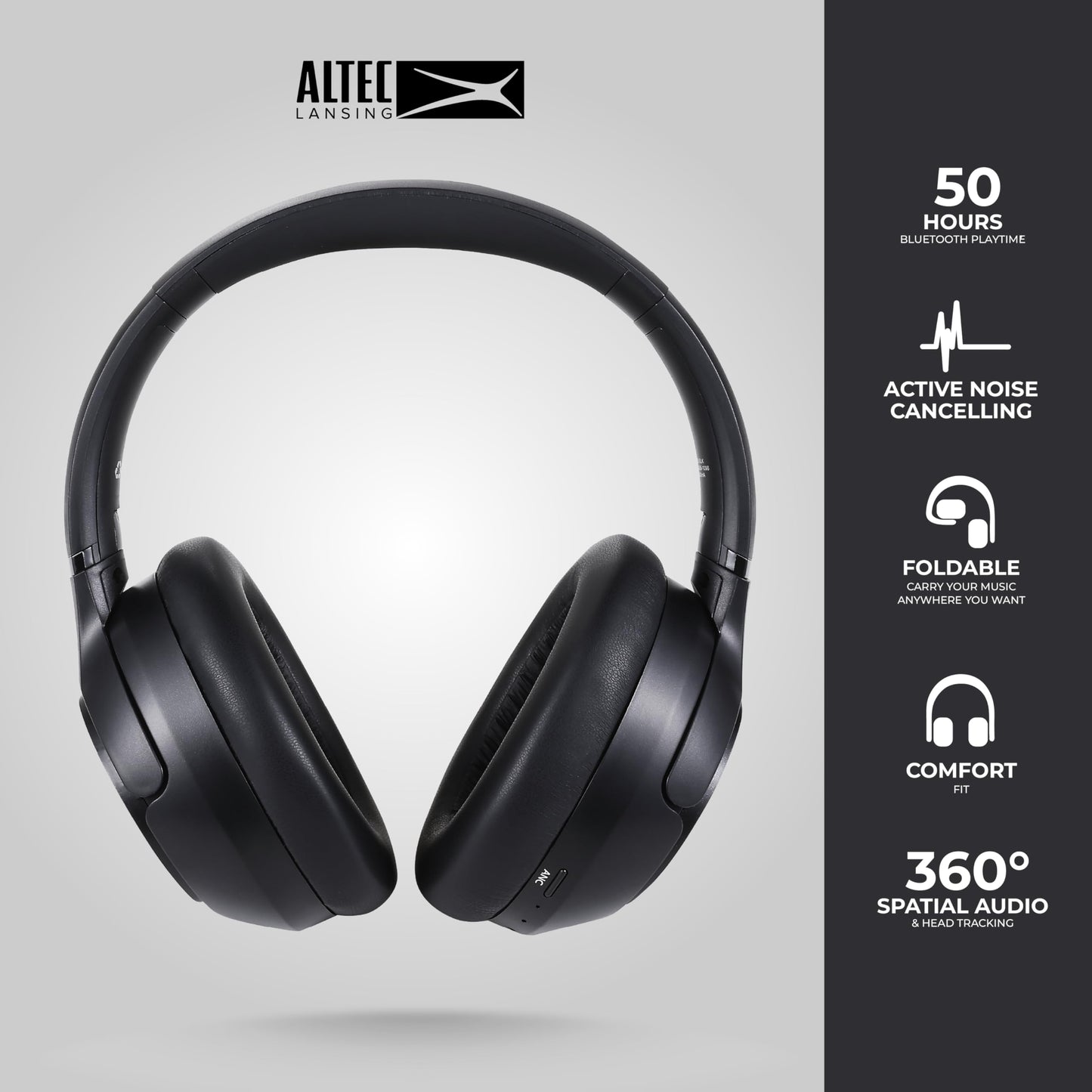 Altec Lansing Comfort Pro Over Ear Bluetooth Headphones, Wireless Noise Cancelling Headphones with ENC, Spatial Audio, 60H Battery, Foldable, Super