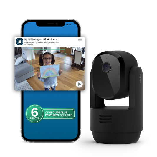 Arlo Essential Indoor Pan Tilt Security Camera 2K (2025 Release) + 6 Months of Secure Plus Plan - Wired Plug-in Power, Person Recognition, Animal
