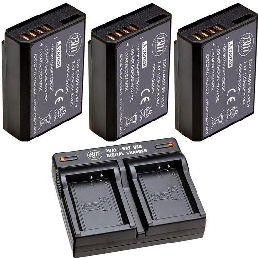 BM Premium 3 Pack of LP-E10 Batteries and Dual Bay Battery Charger for Canon EOS Rebel T3, T5, T6, T7, Kiss X50, Kiss X70, EOS 1100D, EOS 1200D, EOS