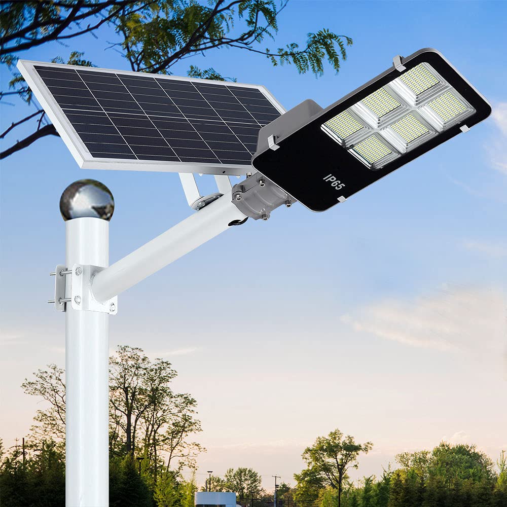 DENGMALL 6000W LED Solar Street Lights Outdoor, Dusk to Dawn Security Flood Light with Remote Control & Pole, Wireless, Waterproof, Perfect for Yard