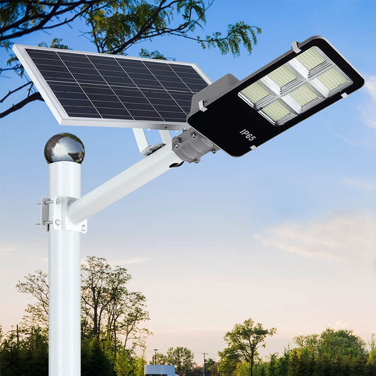 DENGMALL 6000W LED Solar Street Lights Outdoor, Dusk to Dawn Security Flood Light with Remote Control & Pole, Wireless, Waterproof, Perfect for Yard