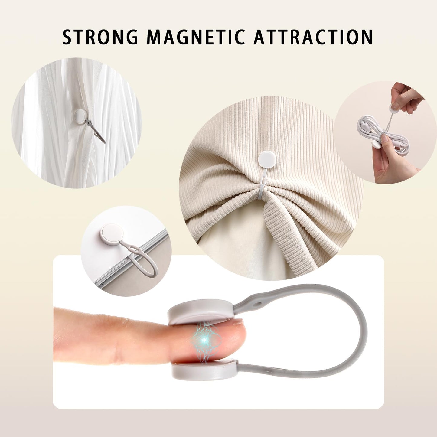 Upgraded Silicone Magnetic Cord Ties (6-Pack White) - Flexible & Washable Cable Organizer for Electronics, Kitchen, DIY - No-Slip Clips, Stronger Than