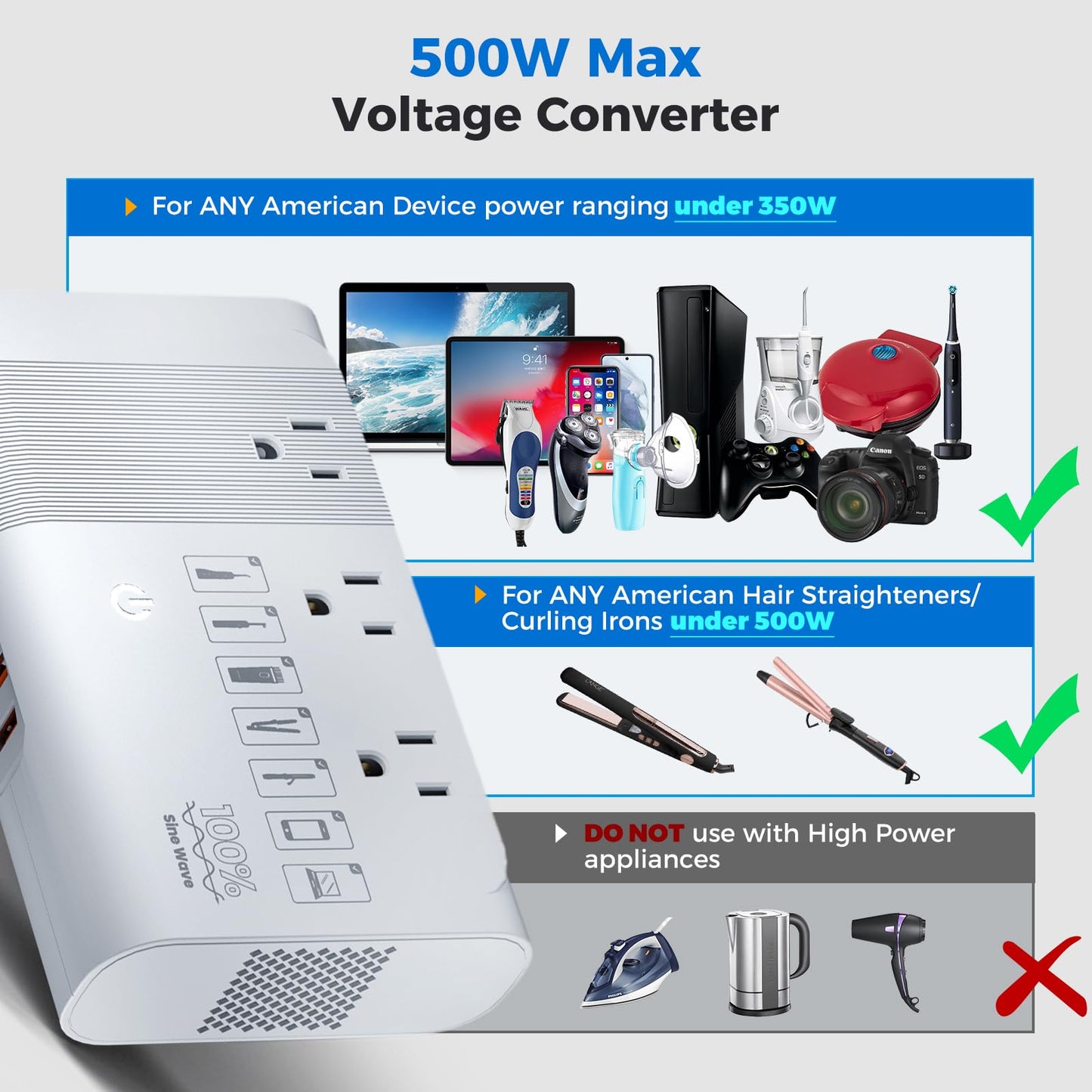 [Game-Changer] DOACE 500W Max 220V to 110V Converter, 50Hz to 60Hz Voltage Converter for European Travel, 100% Pure Sine Wave Voltage Converter US…