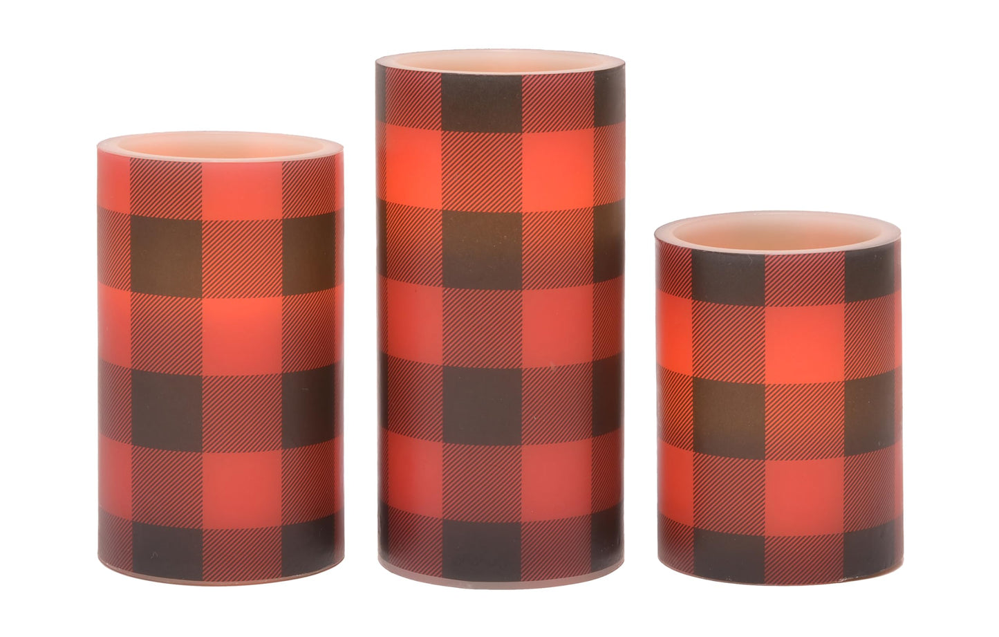 Mark Feldstein & Associates Buffalo Plaid Winter Holiday LED Flameless Pillar Candles, Set of 3, Red and Black, 6 Inch