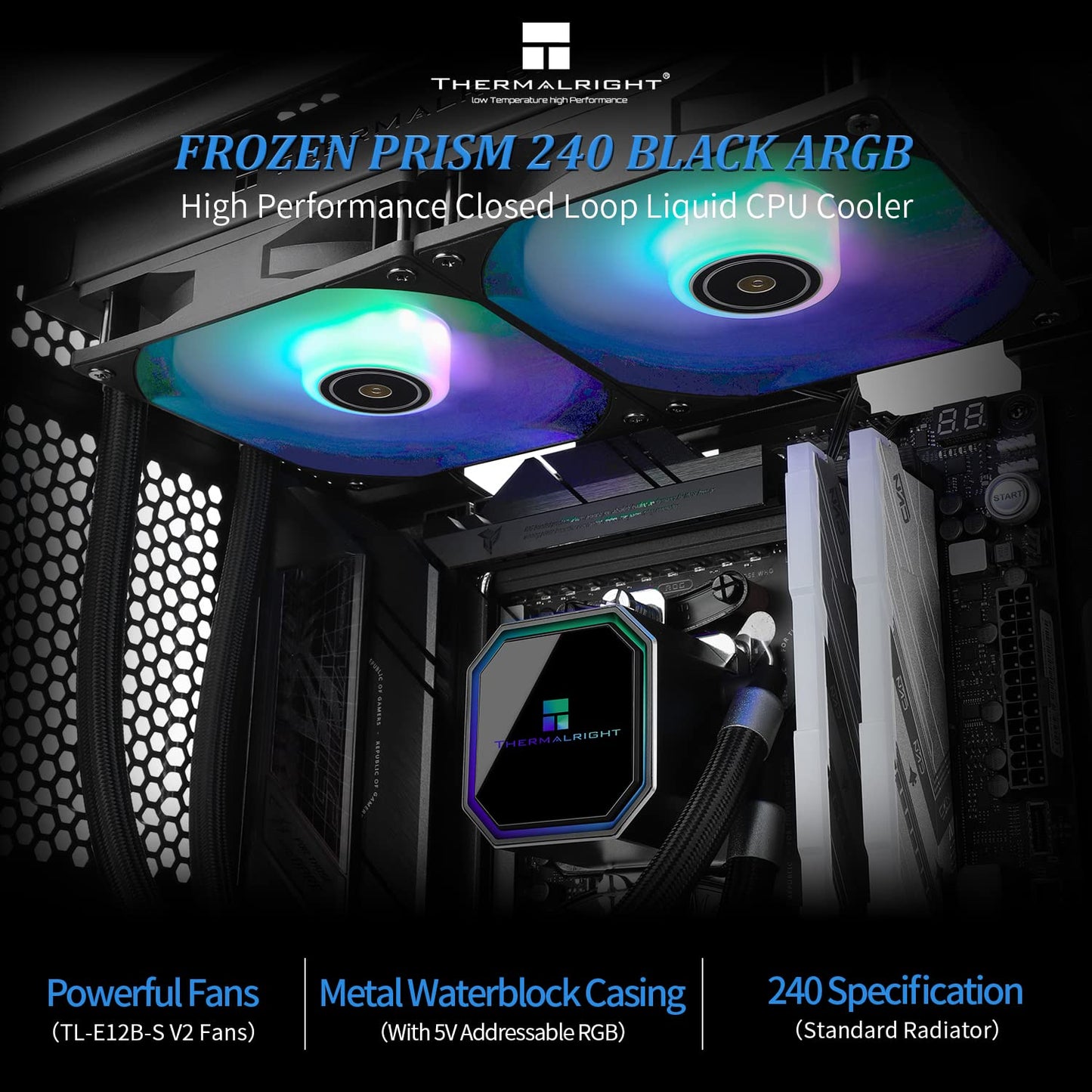Thermalright Frozen Prism 240 Black ARGB AIO Water Cooler,Liquid CPU Cooler, 2×120mm PWM Fans Water Cooling System,1850RPM High Speed,Compatible